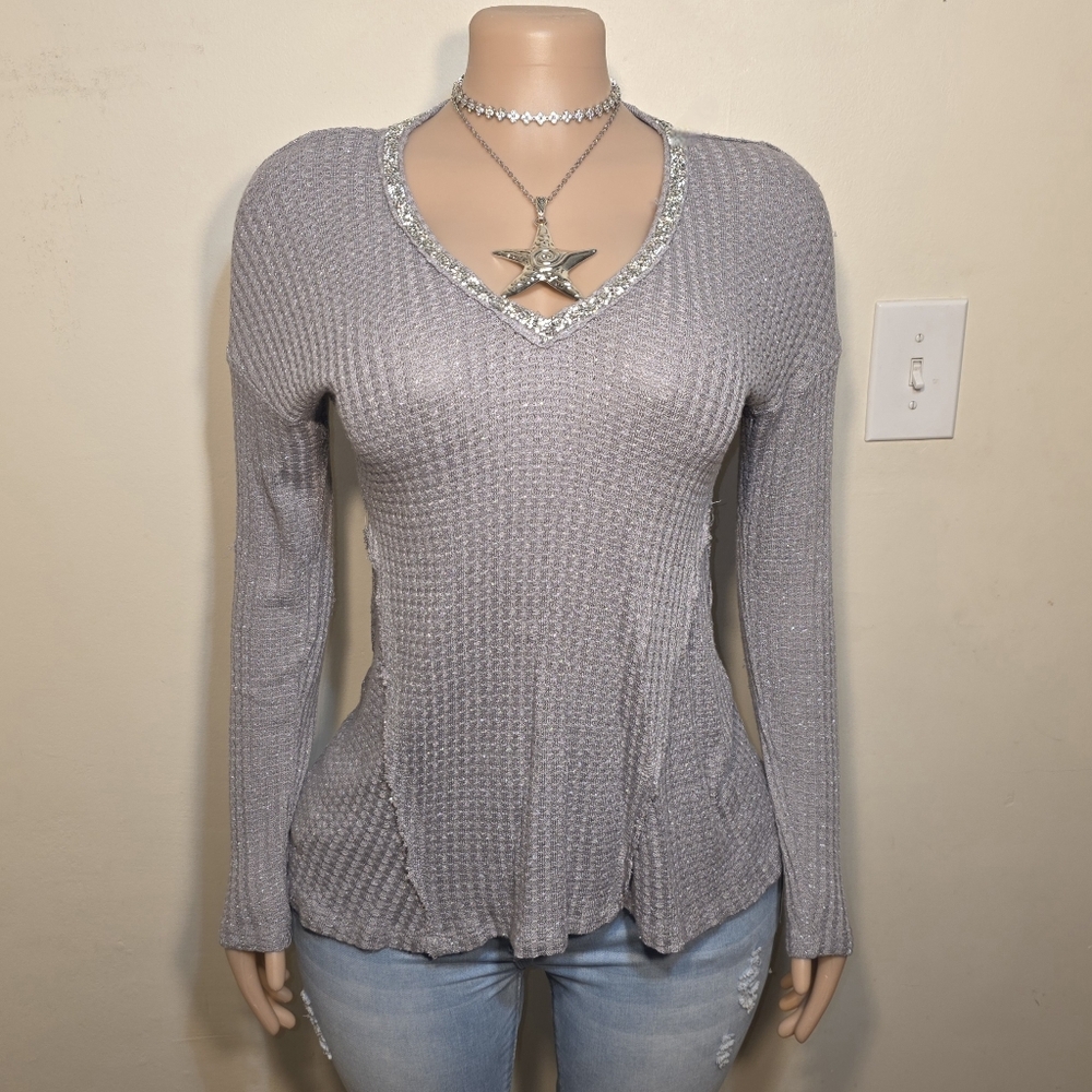 Juicy Couture Heather Gray Knit Rhinestone Neckline Distressed Top